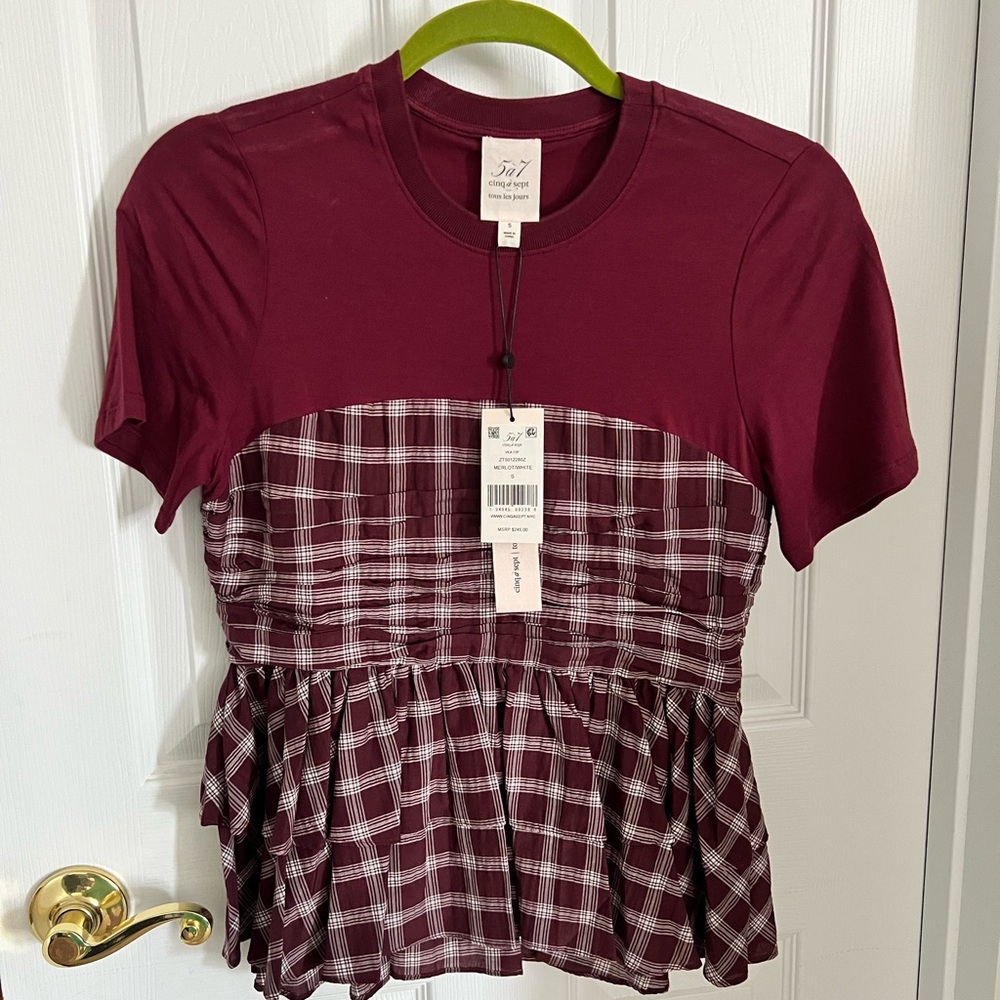 NWT Cinq a Sept Vica Top Short Sleeve Ruched Peplum Merlot Fall Size Small